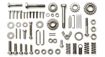 Obraz premium Assortment of various metal fasteners, nuts, bolts, springs, gears, and washers on white