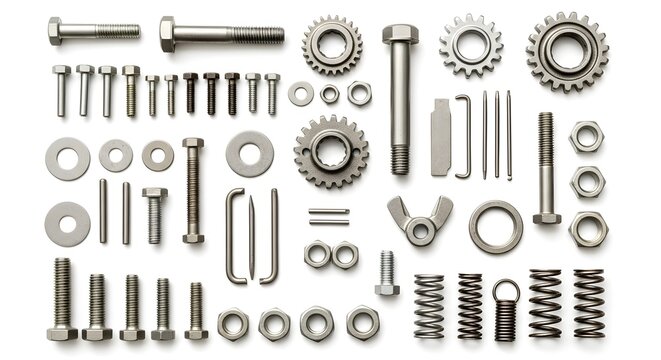Assortment of various metal fasteners, nuts, bolts, springs, gears, and washers on white