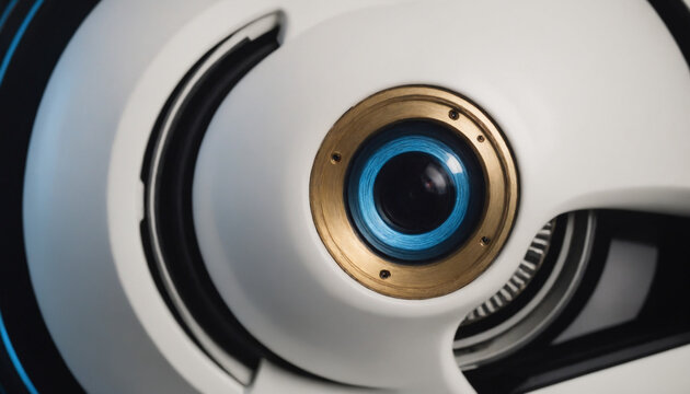 Futuristic robotic mechanical eye with glowing blue lens representing computer vision and artificial intelligence surveillance