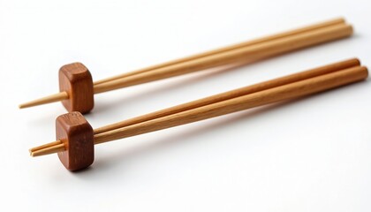 Two pairs of wooden chopsticks with square rests rest on clean white background. Utensils arranged diagonally, creating simple, elegant dining composition. Minimalist style promotes healthy eating.