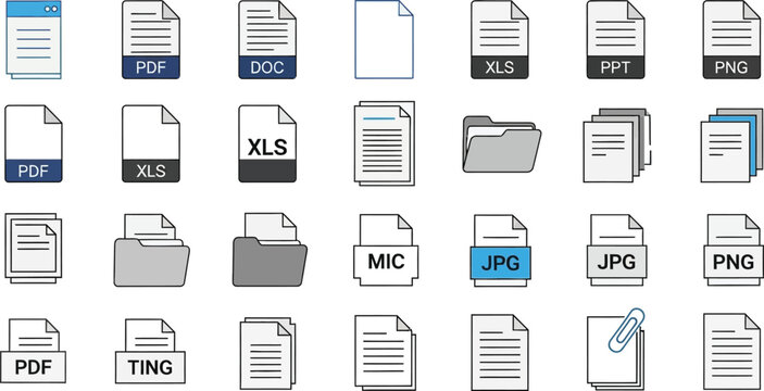 Grid displaying numerous file format icons including PDF, DOC, XLS, and JPG for digital document management concepts.