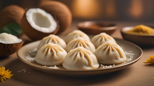Delicious traditional dumplings served with fresh coconut on a rustic plate