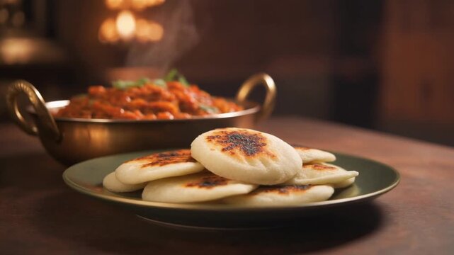 Freshly cooked Indian flatbreads with steaming curry on a rustic table in a warm setting