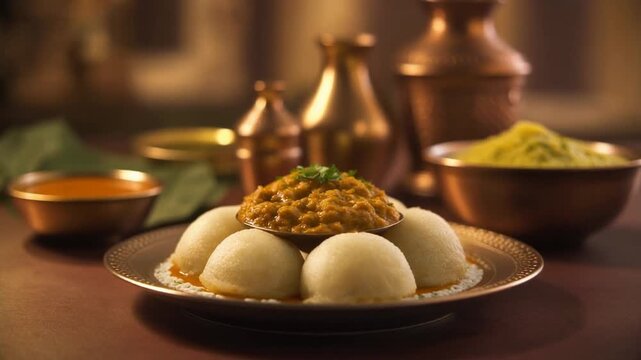 Traditional South Indian idli and flavorful sambar served in a cultural setting