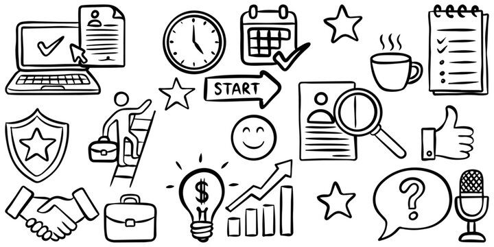 Business and Career Development Hand Drawn Doodle Icon Set.