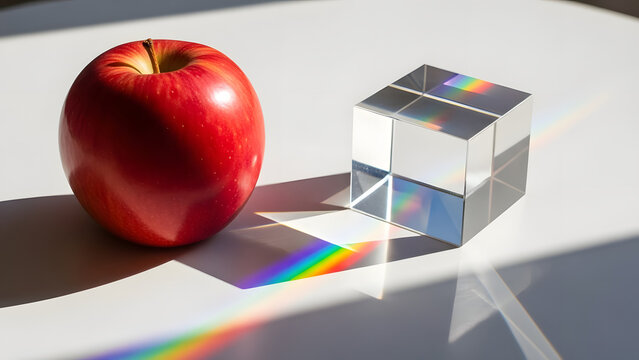 Red apple and glass prism cube with rainbow light spectrum refraction on white table physics concept