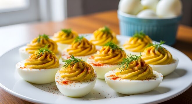 Close-up of deviled eggs on a white plate, with garnish, other eggs in blue bowl