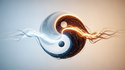 Stylized artistic Yin Yang symbol made of glowing blue and orange energy lines representing balance of opposites