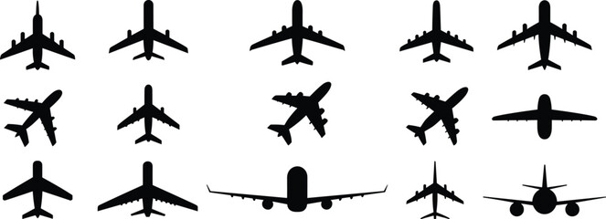 Airplane silhouettes collection, aircraft icons set, aviation transport concept, jet plane vector, travel industry design, flight symbol illustration, graphic bundle © Frd Art