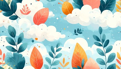 Whimsical illustration of leaves and clouds in a serene sky view