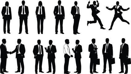 Business people silhouettes set showing standing, jumping, shaking hands, talking poses, professional men teamwork, corporate lifestyle, isolated white background vector illustration