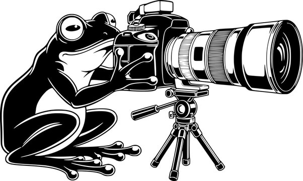  frog operating a professional digital single-lens reflex (DSLR) camera with a long telephoto lens