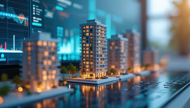 Miniature apartment buildings models displayed on screen with data charts. Modern real estate market use of tech for property listings and analysis. Future urban development concepts.