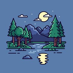 Obraz premium Stylized Night Landscape: Moonlit Lake and Mountain Scene