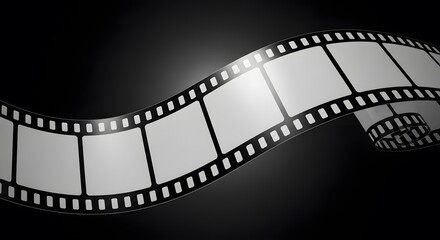 Curving filmstrip graphic floats against a dark gradient backdrop