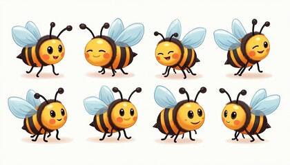 Naklejka premium Set of eight cartoon bees in various playful poses. These cute yellow and black insects have big eyes and happy expressions, perfect for kid-friendly designs and educational content about nature.
