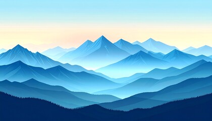 Serene mountain landscape with layered blue peaks at sunrise.