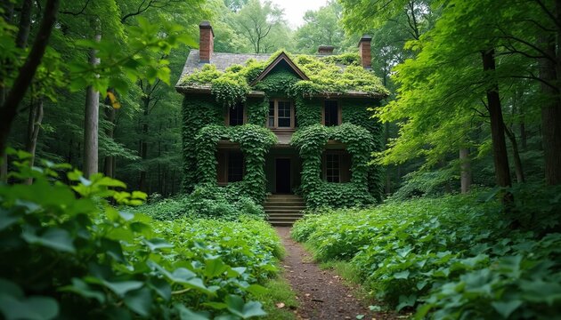 Overgrown abandoned house with vibrant green kudzu vines covering walls and roof. A dirt path leads to the entryway surrounded by rich foliage. The structure is enveloped by dense forest.