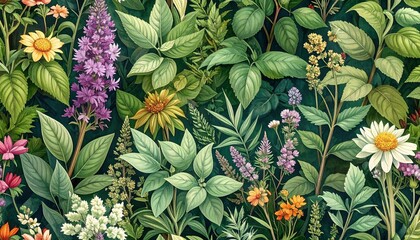 Vibrant floral arrangement with diverse leaves and colorful blooms.