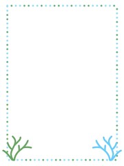 Obraz premium Minimalist rectangular border made of green and blue dots with simple coral plant illustrations in the bottom corners.