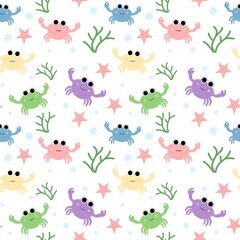 Fototapeta premium Colorful seamless pattern featuring multi-colored crabs, starfish, corals, and bubbles on a white background for fabric or wallpaper.