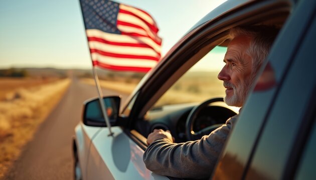 Elderly man drives car with American flag. He enjoys a solo road trip, feeling freedom and patriotism on a sunny day. Scenic route with warm golden light.
