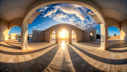 Serene arched walkway with sunrise in the distance.
