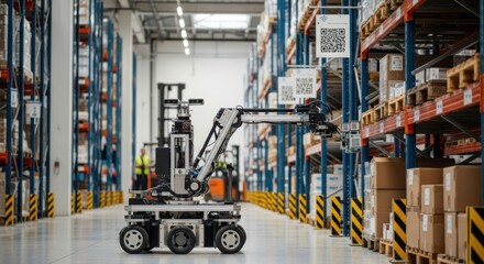 Fototapeta premium A robotic warehouse vehicle navigates through a large storage facility with high shelves and pallets of goods.