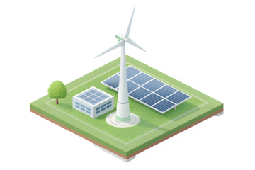 Sustainable energy concept featuring wind turbine, solar panels, and green technology building isolated on transparent background