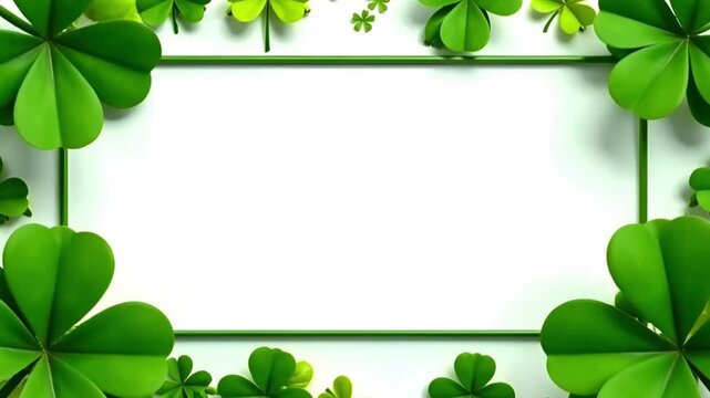 frame for text or image. Around this area, three-leafing clovers of various sizes on the white. associated with St. Patrick's Day.