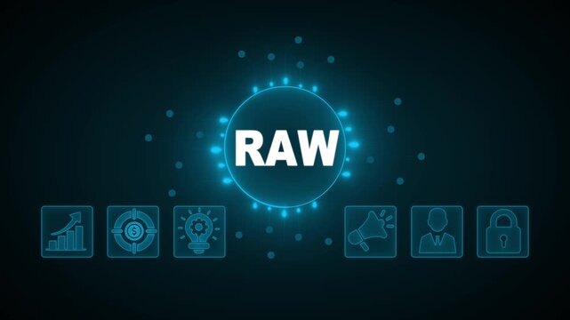 RAW concept with glowing neon circuit board and marketing, growth, target, lightbulb, lock, and person icons on a dark blue background technology