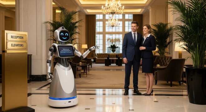 A robot stands at the reception desk of a luxurious hotel lobby, greeting a businessman and woman in formal attire.