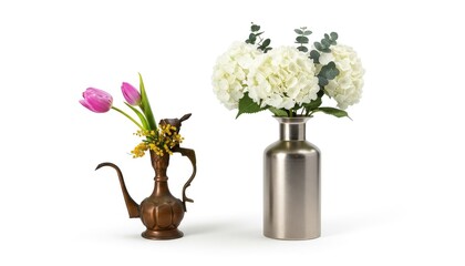 Obraz premium Two flower arrangements in vintage copper and metal vases on white background pink tulips and white hydrangeas with green leaves elegant home decor