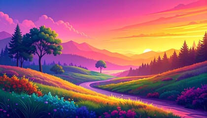 Winding path through vibrant landscape with trees and flowers at sunset viewed from a distance