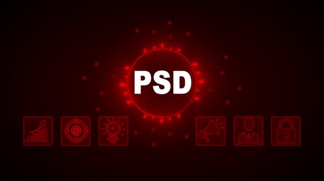 PSD concept with glowing red neon circuit board and marketing, growth, target, lightbulb, lock, and person icons on a dark blue background technology