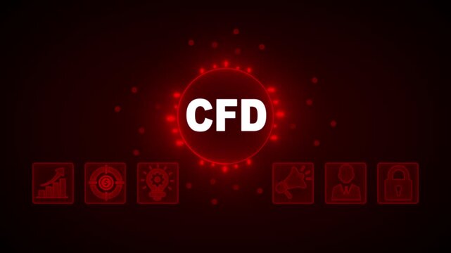 CFD concept with red glowing neon circuit board and marketing, growth, target, lightbulb, lock, and person icons on a dark blue background technology