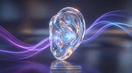 Glowing crystal ear with purple and blue light trails on reflective surface