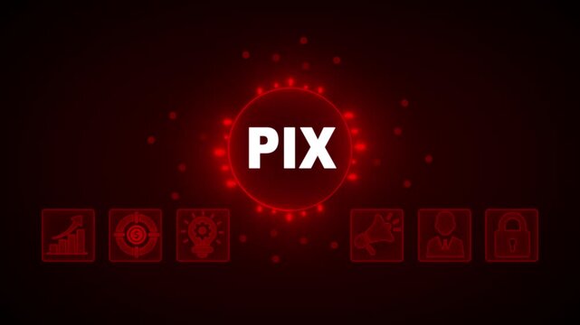 PIX concept with glowing red neon circuit board and marketing, growth, target, lightbulb, lock, and person icons on a dark blue background technology