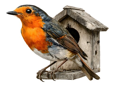 A robin perches on a weathered wooden birdhouse with a round opening, its bright orange breast contrasting with its gray and black feathers.