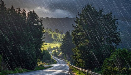 Winding road through forest during heavy rainfall and stormy weather.