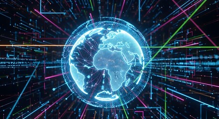 Fototapeta premium Glowing globe encircled by colorful lines, representing global network connections