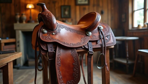Ornate western saddle made of brown leather sits on display indoors. The detailed craftsmanship suggests heritage and tradition. This equestrian gear evokes a rustic country atmosphere.