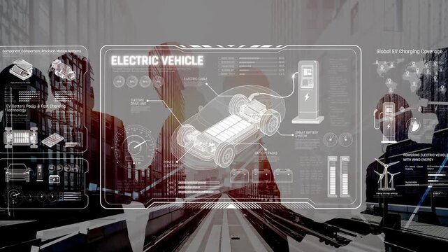 Technical layout of electric vehicle showing battery system, power control, traction motor, charging interface, and integration with renewable and smart energy sources Marrow