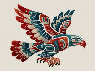 Obraz premium Indigenous tribal art of a majestic eagle in red and blue soars with outstretched wings, embodying freedom and power in its symbolic flight.