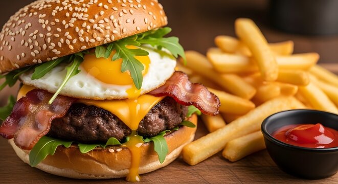 Gourmet burger with egg, bacon, cheese, & arugula, served with fries and ketchup