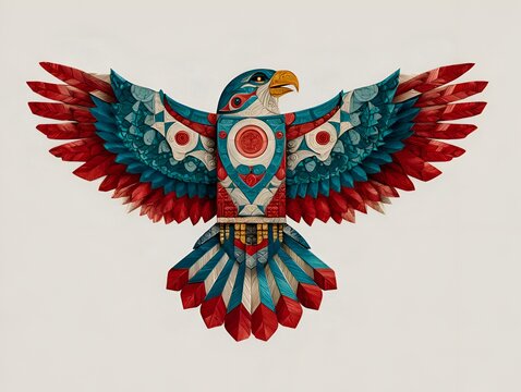 A vibrant Native American style eagle design with intricate patterns and bold red, white, and blue colors soa against a plain backdrop.