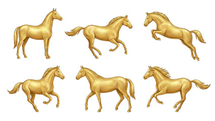Set of golden horses in different dynamic poses, showcasing elegance and power