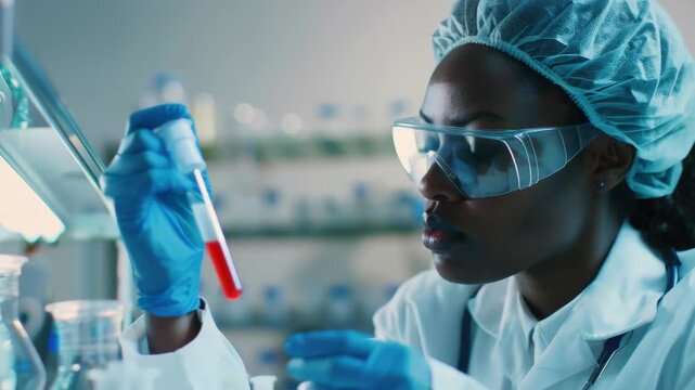 A woman in lab attire focusing on a microscope slide with red-stained cells. She is wearing a blue hairnet and safety goggles.