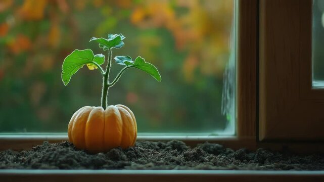 A pumpkin seed sprout growing in a window sill with sunlight streaming in through the window panes