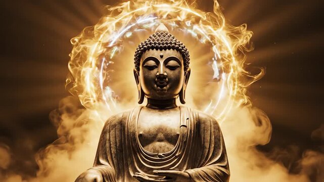 Cinematic visual of the Buddha statue, implying eternal stillness and profound stability against the ephemeral and moving clouds of heaven.